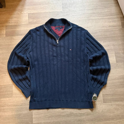 Vintage Tommy Hilfiger navy knitted quarter zip jumper size L 68