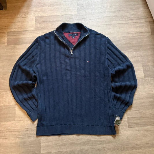 Vintage Tommy Hilfiger navy knitted quarter zip jumper size L 68