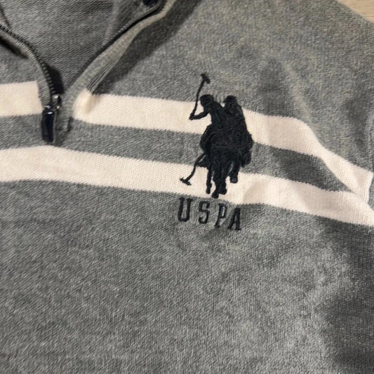 U.S polo Assn logo striped knitted quarter zip jumper grey/white size XL 234