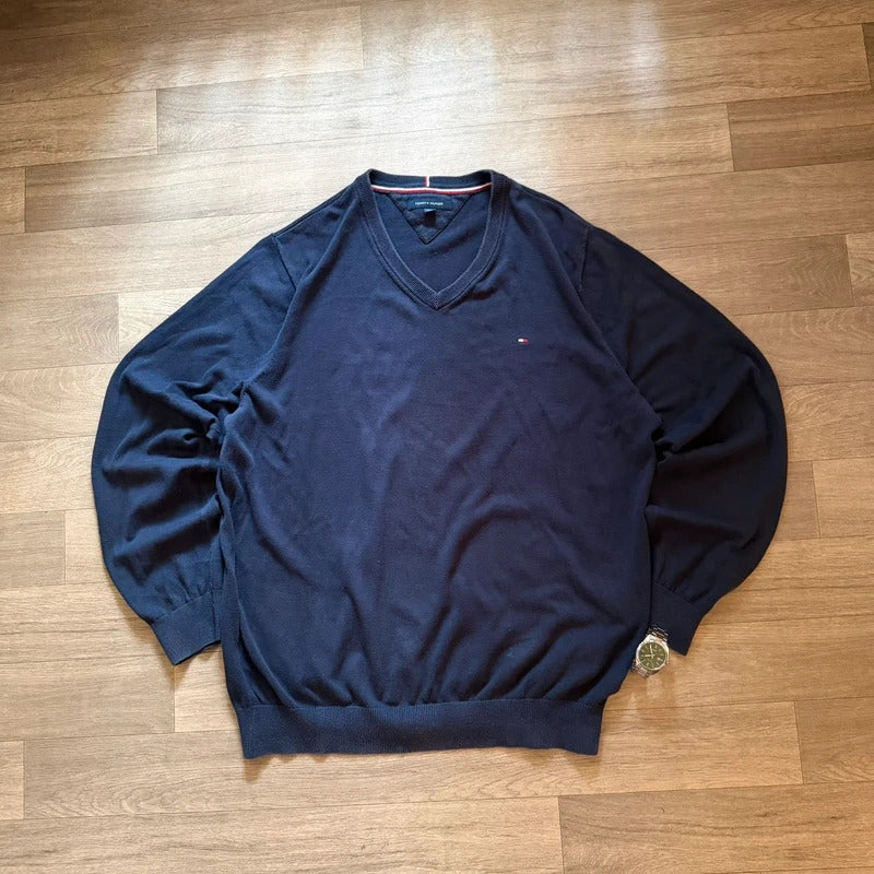 Tommy Hilfiger Y2K Navy V Neck Jumper Sweater Embroidered Flag Logo Men’s XL Vintage 054