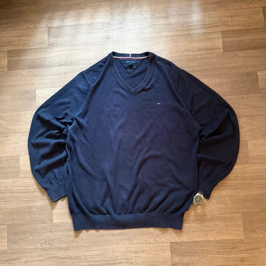 Tommy Hilfiger Y2K Navy V Neck Jumper Sweater Embroidered Flag Logo Men’s XL Vintage 054
