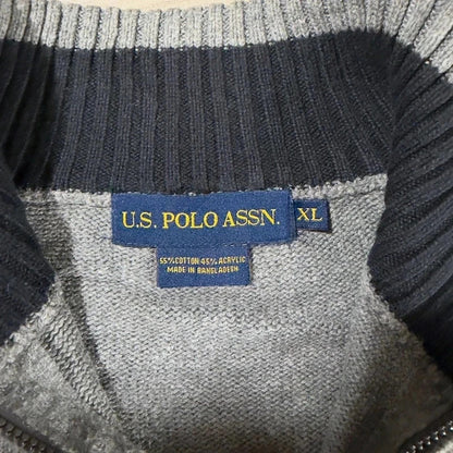 U.S polo Assn logo striped knitted quarter zip jumper grey/white size XL 234