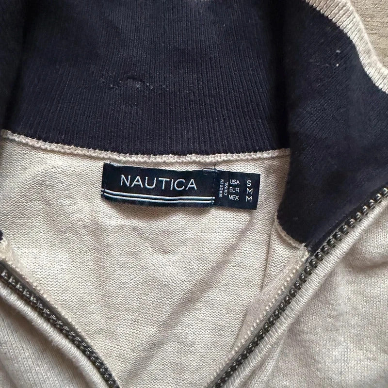 Nautica vintage beige knitted quarter zip 3/4 zip sweater jumper size S 262