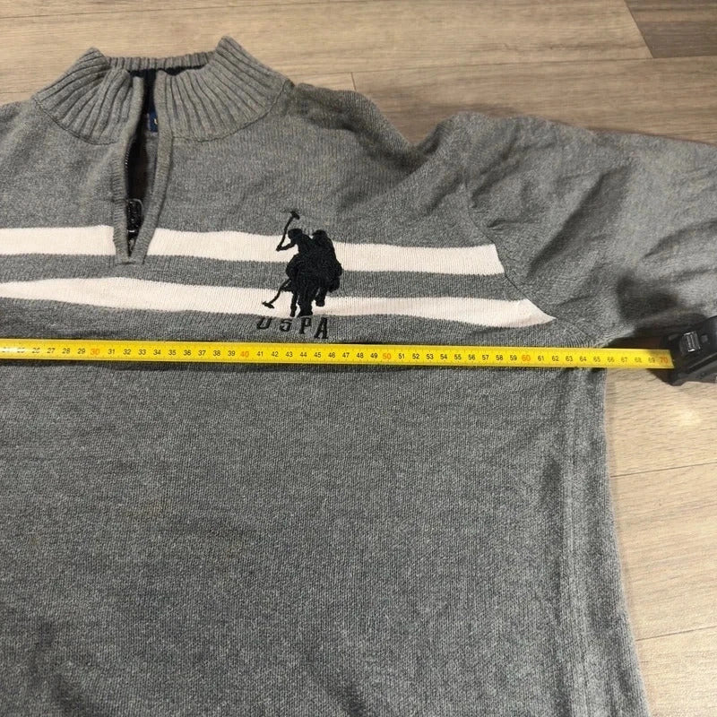 U.S polo Assn logo striped knitted quarter zip jumper grey/white size XL 234