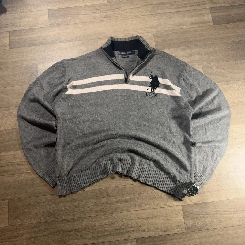 U.S polo Assn logo striped knitted quarter zip jumper grey/white size XL 234