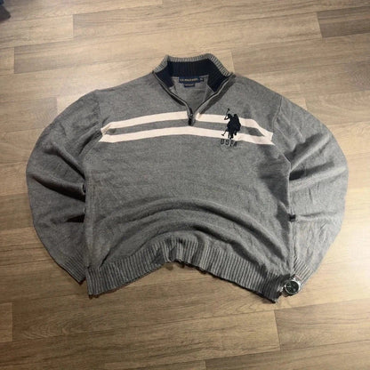 U.S polo Assn logo striped knitted quarter zip jumper grey/white size XL 234