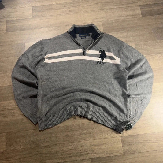 U.S polo Assn logo striped knitted quarter zip jumper grey/white size XL 234