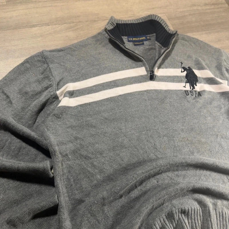 U.S polo Assn logo striped knitted quarter zip jumper grey/white size XL 234