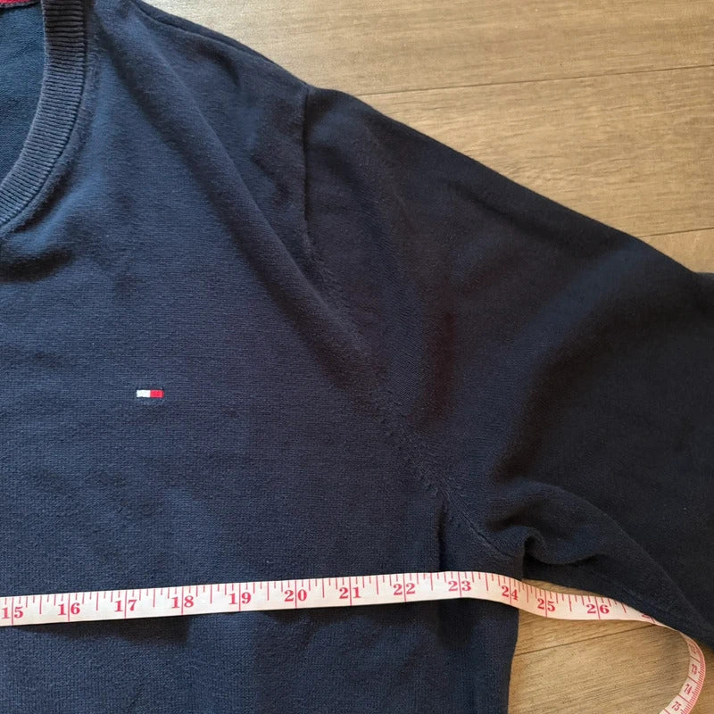 Tommy Hilfiger Y2K Navy V Neck Jumper Sweater Embroidered Flag Logo Men’s XL Vintage 054