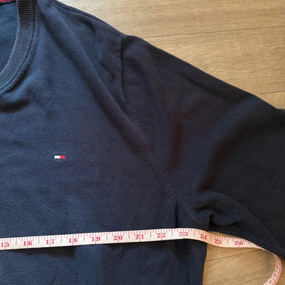 Tommy Hilfiger Y2K Navy V Neck Jumper Sweater Embroidered Flag Logo Men’s XL Vintage 054