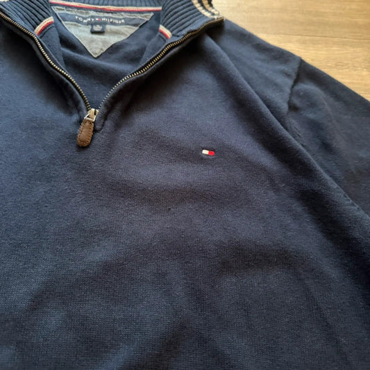 Tommy Hilfiger Navy Quarter Zip Sweatshirt Jumper Pullover Logo Men’s XL Vintage 053