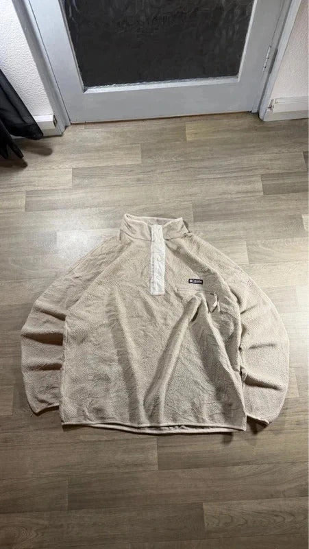 Vintage Columbia Sherpa Fleece Button Up Cream Beige Retro  pullover Y2K XXL 267