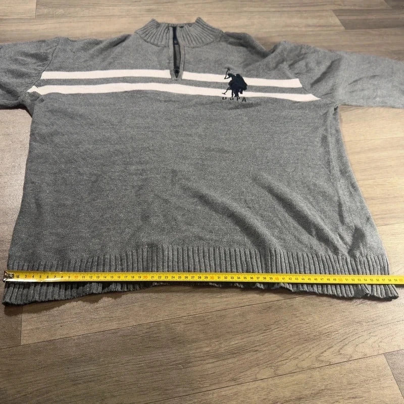 U.S polo Assn logo striped knitted quarter zip jumper grey/white size XL 234