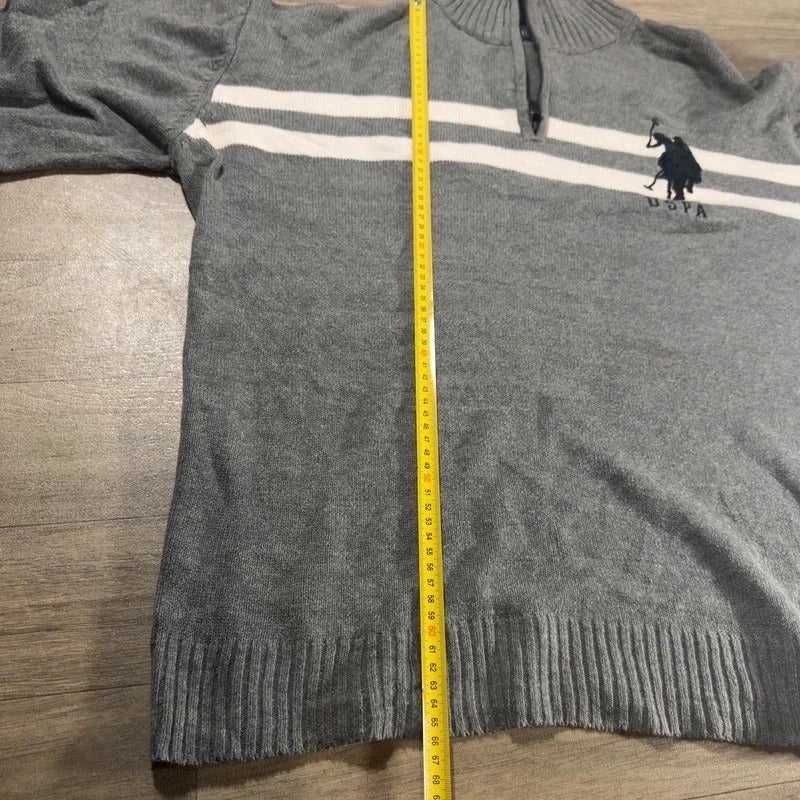 U.S polo Assn logo striped knitted quarter zip jumper grey/white size XL 234