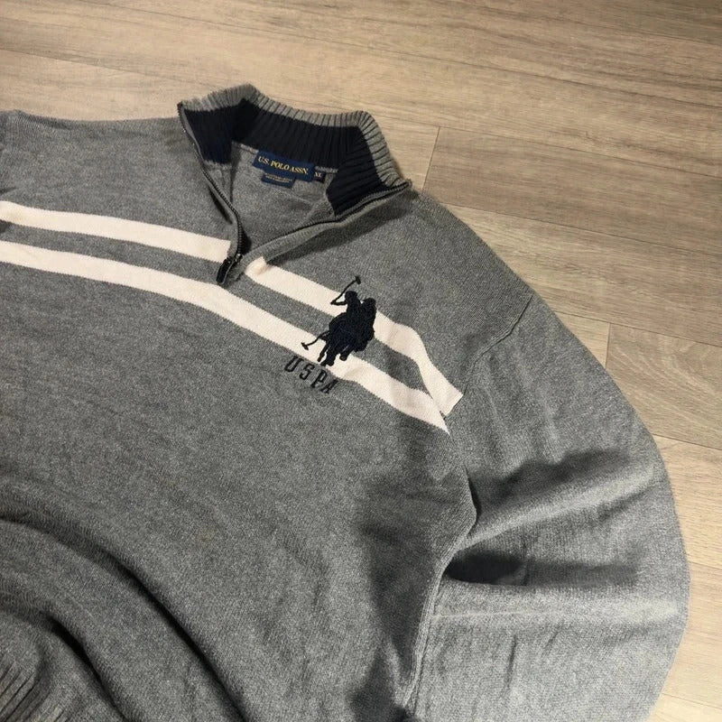 U.S polo Assn logo striped knitted quarter zip jumper grey/white size XL 234