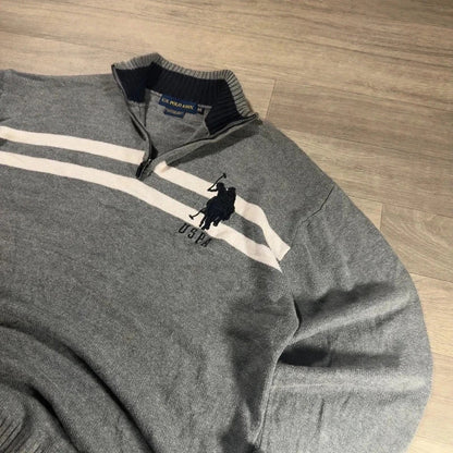 U.S polo Assn logo striped knitted quarter zip jumper grey/white size XL 234