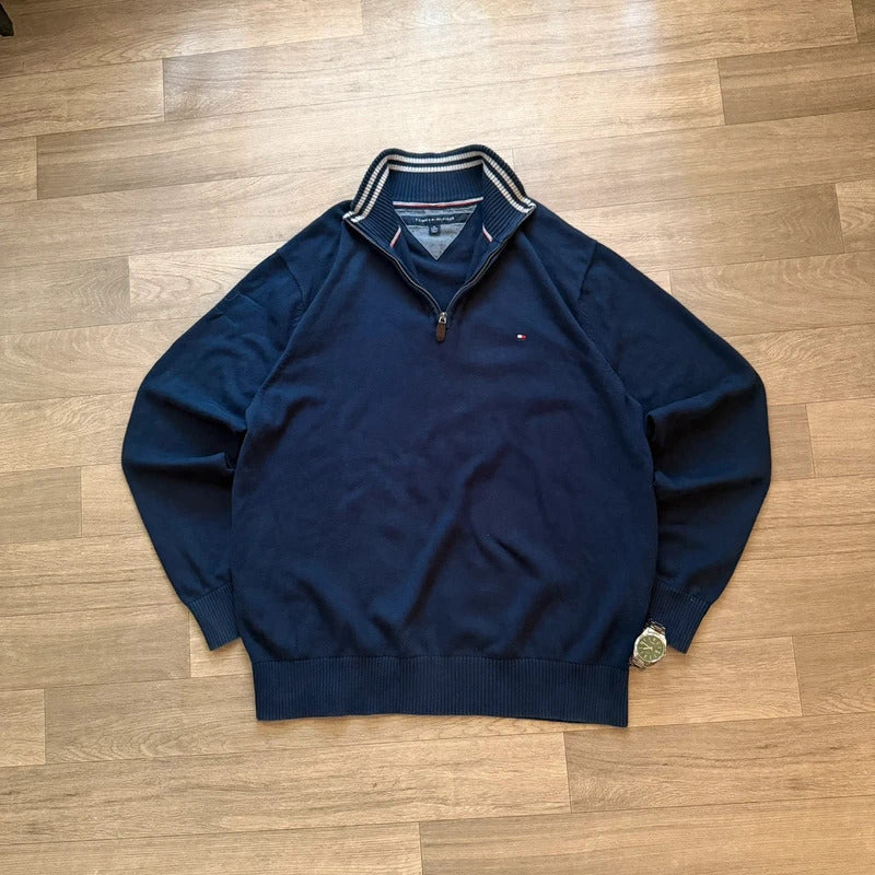 Tommy Hilfiger Navy Quarter Zip Sweatshirt Jumper Pullover Logo Men’s XL Vintage 053