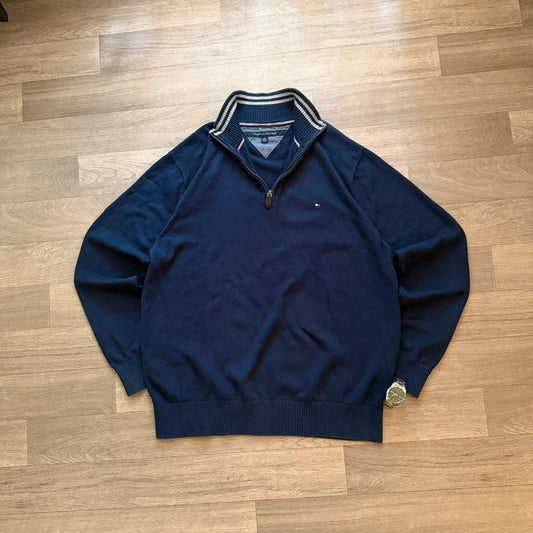 Tommy Hilfiger Navy Quarter Zip Sweatshirt Jumper Pullover Logo Men’s XL Vintage 053