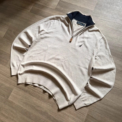 Nautica vintage beige knitted quarter zip 3/4 zip sweater jumper size S 262