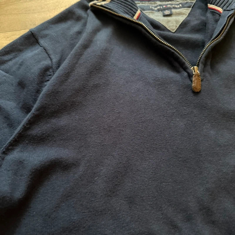 Tommy Hilfiger Navy Quarter Zip Sweatshirt Jumper Pullover Logo Men’s XL Vintage 053