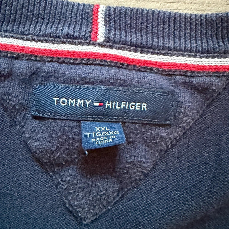 Tommy Hilfiger Y2K Navy V Neck Jumper Sweater Embroidered Flag Logo Men’s XL Vintage 054