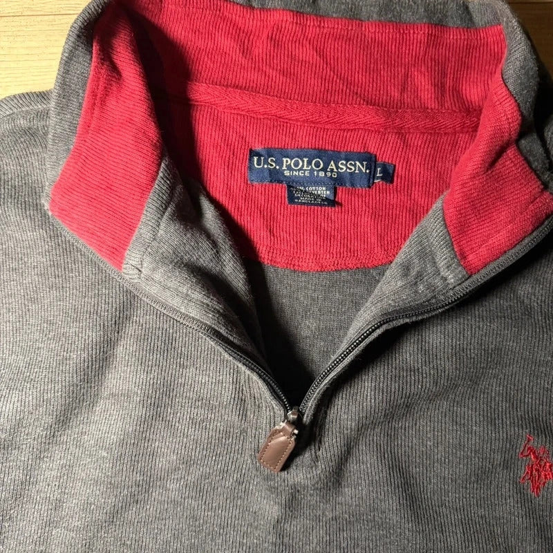 U.S polo assn grey vintage Y2K knitted quarter zip jumper size L 260