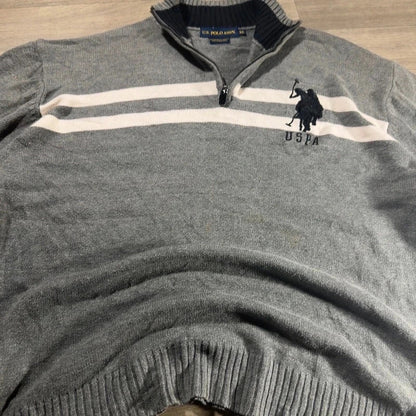 U.S polo Assn logo striped knitted quarter zip jumper grey/white size XL 234